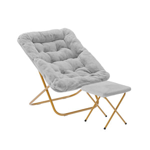 English Elm Archer Oversized Folding Saucer Chair with Ottoman - Plush Faux Fur Comfort for Home & Dorm Use Gray Fabric/Soft Gold Frame FV-FSC-027-FR-GY-SGD-GG