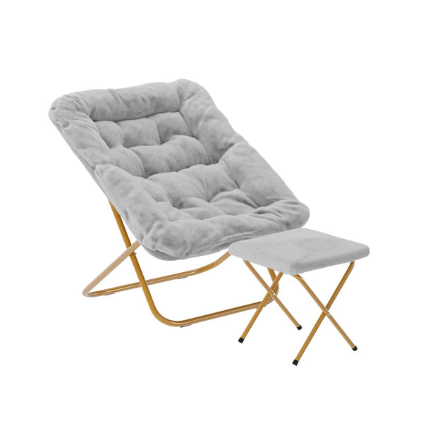 English Elm Archer Oversized Folding Saucer Chair with Ottoman - Plush Faux Fur Comfort for Home & Dorm Use Gray Fabric/Soft Gold Frame FV-FSC-027-FR-GY-SGD-GG