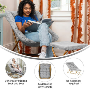 English Elm Archer Oversized Folding Saucer Chair with Ottoman - Plush Faux Fur Comfort for Home & Dorm Use Gray Fabric/Soft Gold Frame FV-FSC-027-FR-GY-SGD-GG