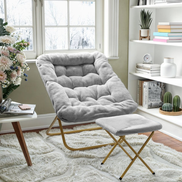 English Elm Archer Oversized Folding Saucer Chair with Ottoman - Plush Faux Fur Comfort for Home & Dorm Use Gray Fabric/Soft Gold Frame FV-FSC-027-FR-GY-SGD-GG