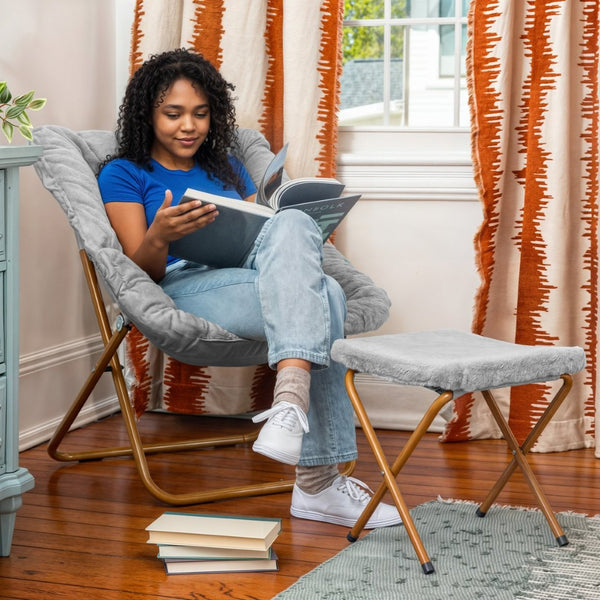 English Elm Archer Oversized Folding Saucer Chair with Ottoman - Plush Faux Fur Comfort for Home & Dorm Use Gray Fabric/Soft Gold Frame FV-FSC-027-FR-GY-SGD-GG