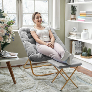 English Elm Archer Oversized Folding Saucer Chair with Ottoman - Plush Faux Fur Comfort for Home & Dorm Use Gray Fabric/Soft Gold Frame FV-FSC-027-FR-GY-SGD-GG