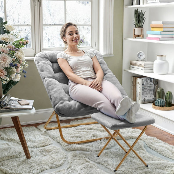 English Elm Archer Oversized Folding Saucer Chair with Ottoman - Plush Faux Fur Comfort for Home & Dorm Use Gray Fabric/Soft Gold Frame FV-FSC-027-FR-GY-SGD-GG