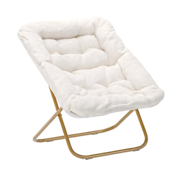English Elm Archer Oversized Folding Saucer Chair with Ottoman - Plush Faux Fur Comfort for Home & Dorm Use Ivory Faux Shearling Fabric/Soft Gold Frame FV-FSC-027-FR-IV-SGD-GG