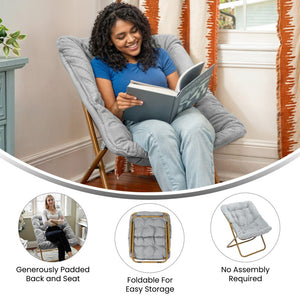 English Elm Archer 28" Oversized Faux Fur Saucer Chair - Stylish, Portable Comfort for Dorms and Living Spaces Gray Fabric/Soft Gold Frame FV-FSC-027-GY-SGD-GG