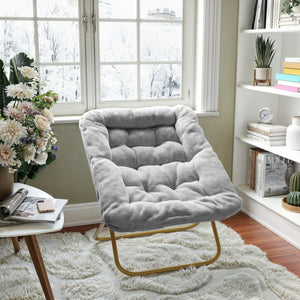 English Elm Archer 28" Oversized Faux Fur Saucer Chair - Stylish, Portable Comfort for Dorms and Living Spaces Gray Fabric/Soft Gold Frame FV-FSC-027-GY-SGD-GG