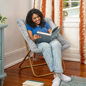 English Elm Archer 28" Oversized Faux Fur Saucer Chair - Stylish, Portable Comfort for Dorms and Living Spaces Gray Fabric/Soft Gold Frame FV-FSC-027-GY-SGD-GG