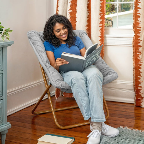 English Elm Archer 28" Oversized Faux Fur Saucer Chair - Stylish, Portable Comfort for Dorms and Living Spaces Gray Fabric/Soft Gold Frame FV-FSC-027-GY-SGD-GG