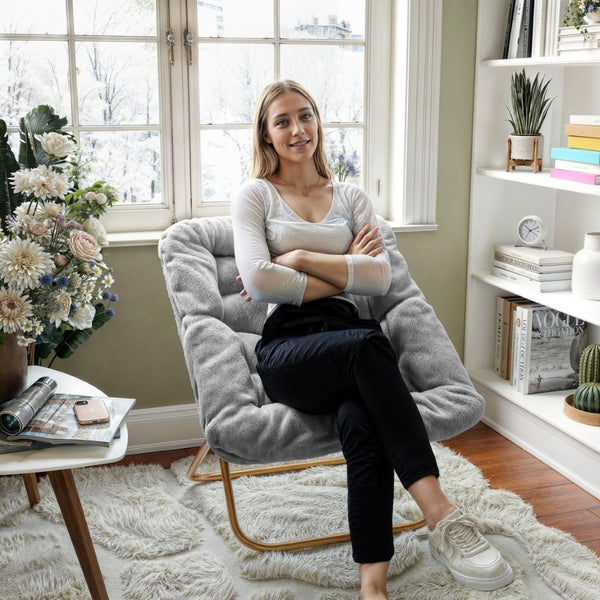 English Elm Archer 28" Oversized Faux Fur Saucer Chair - Stylish, Portable Comfort for Dorms and Living Spaces Gray Fabric/Soft Gold Frame FV-FSC-027-GY-SGD-GG