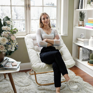 English Elm Archer 28" Oversized Faux Fur Saucer Chair - Stylish, Portable Comfort for Dorms and Living Spaces Ivory Faux Shearling Fabric/Soft Gold Frame FV-FSC-027-IV-SGD-GG