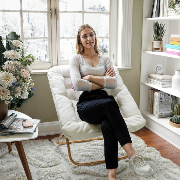 English Elm Archer 28" Oversized Faux Fur Saucer Chair - Stylish, Portable Comfort for Dorms and Living Spaces Ivory Faux Shearling Fabric/Soft Gold Frame FV-FSC-027-IV-SGD-GG