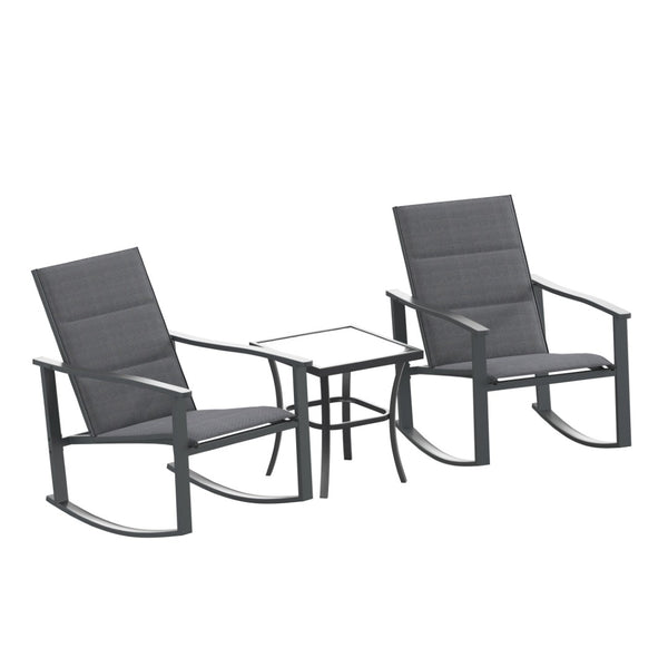 English Elm Brazos 3-Piece Outdoor Rocking Chair Bistro Set with Flex Comfort Fabric and Durable Steel Frame Table Black FV-FSC-2315-BLK-GG