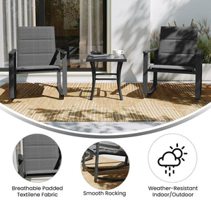 English Elm Brazos 3-Piece Outdoor Rocking Chair Bistro Set with Flex Comfort Fabric and Durable Steel Frame Table Black FV-FSC-2315-BLK-GG
