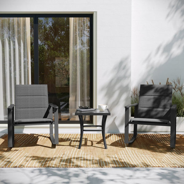 English Elm Brazos 3-Piece Outdoor Rocking Chair Bistro Set with Flex Comfort Fabric and Durable Steel Frame Table Black FV-FSC-2315-BLK-GG