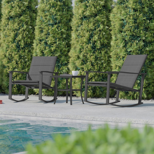 English Elm Brazos 3-Piece Outdoor Rocking Chair Bistro Set with Flex Comfort Fabric and Durable Steel Frame Table Black FV-FSC-2315-BLK-GG