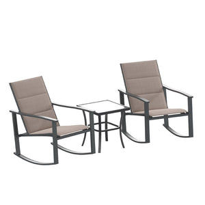 English Elm Brazos 3-Piece Outdoor Rocking Chair Bistro Set with Flex Comfort Fabric and Durable Steel Frame Table Brown FV-FSC-2315-BRN-GG