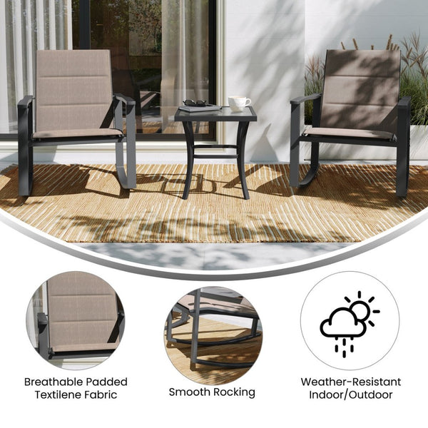 English Elm Brazos 3-Piece Outdoor Rocking Chair Bistro Set with Flex Comfort Fabric and Durable Steel Frame Table Brown FV-FSC-2315-BRN-GG