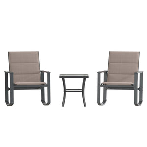 English Elm Brazos 3-Piece Outdoor Rocking Chair Bistro Set with Flex Comfort Fabric and Durable Steel Frame Table Brown FV-FSC-2315-BRN-GG