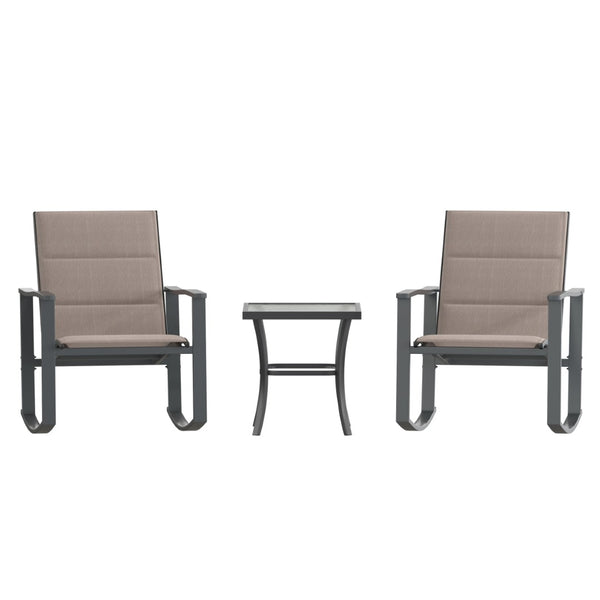 English Elm Brazos 3-Piece Outdoor Rocking Chair Bistro Set with Flex Comfort Fabric and Durable Steel Frame Table Brown FV-FSC-2315-BRN-GG