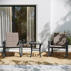 English Elm Brazos 3-Piece Outdoor Rocking Chair Bistro Set with Flex Comfort Fabric and Durable Steel Frame Table Brown FV-FSC-2315-BRN-GG
