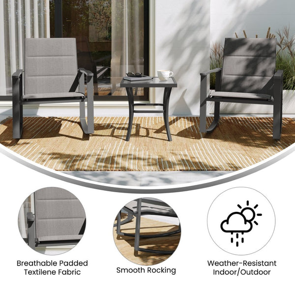 English Elm Brazos 3-Piece Outdoor Rocking Chair Bistro Set with Flex Comfort Fabric and Durable Steel Frame Table Gray FV-FSC-2315-GRY-GG