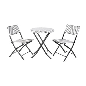 English Elm Rouen Three-Piece Foldable Bistro Set - Stylish Indoor/Outdoor PE Rattan with Durable Steel Frames Black & White FV-FWA085-BLK-WHT-GG