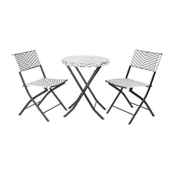 English Elm Rouen Three-Piece Foldable Bistro Set - Stylish Indoor/Outdoor PE Rattan with Durable Steel Frames Black & White FV-FWA085-BLK-WHT-GG