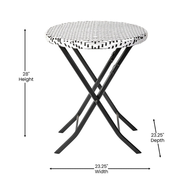 English Elm Rouen Three-Piece Foldable Bistro Set - Stylish Indoor/Outdoor PE Rattan with Durable Steel Frames Black & White FV-FWA085-BLK-WHT-GG