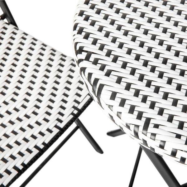English Elm Rouen Three-Piece Foldable Bistro Set - Stylish Indoor/Outdoor PE Rattan with Durable Steel Frames Black & White FV-FWA085-BLK-WHT-GG