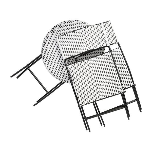 English Elm Rouen Three-Piece Foldable Bistro Set - Stylish Indoor/Outdoor PE Rattan with Durable Steel Frames Black & White FV-FWA085-BLK-WHT-GG