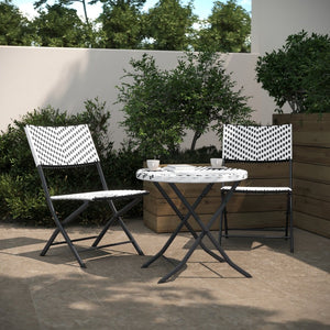 English Elm Rouen Three-Piece Foldable Bistro Set - Stylish Indoor/Outdoor PE Rattan with Durable Steel Frames Black & White FV-FWA085-BLK-WHT-GG