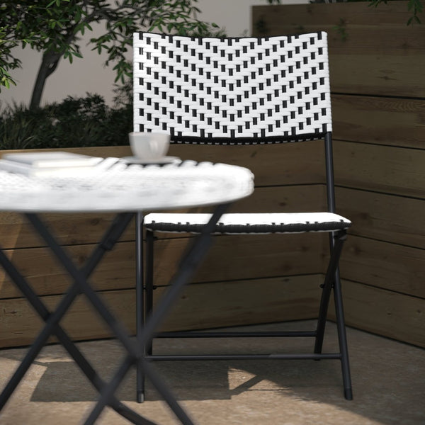 English Elm Rouen Three-Piece Foldable Bistro Set - Stylish Indoor/Outdoor PE Rattan with Durable Steel Frames Black & White FV-FWA085-BLK-WHT-GG