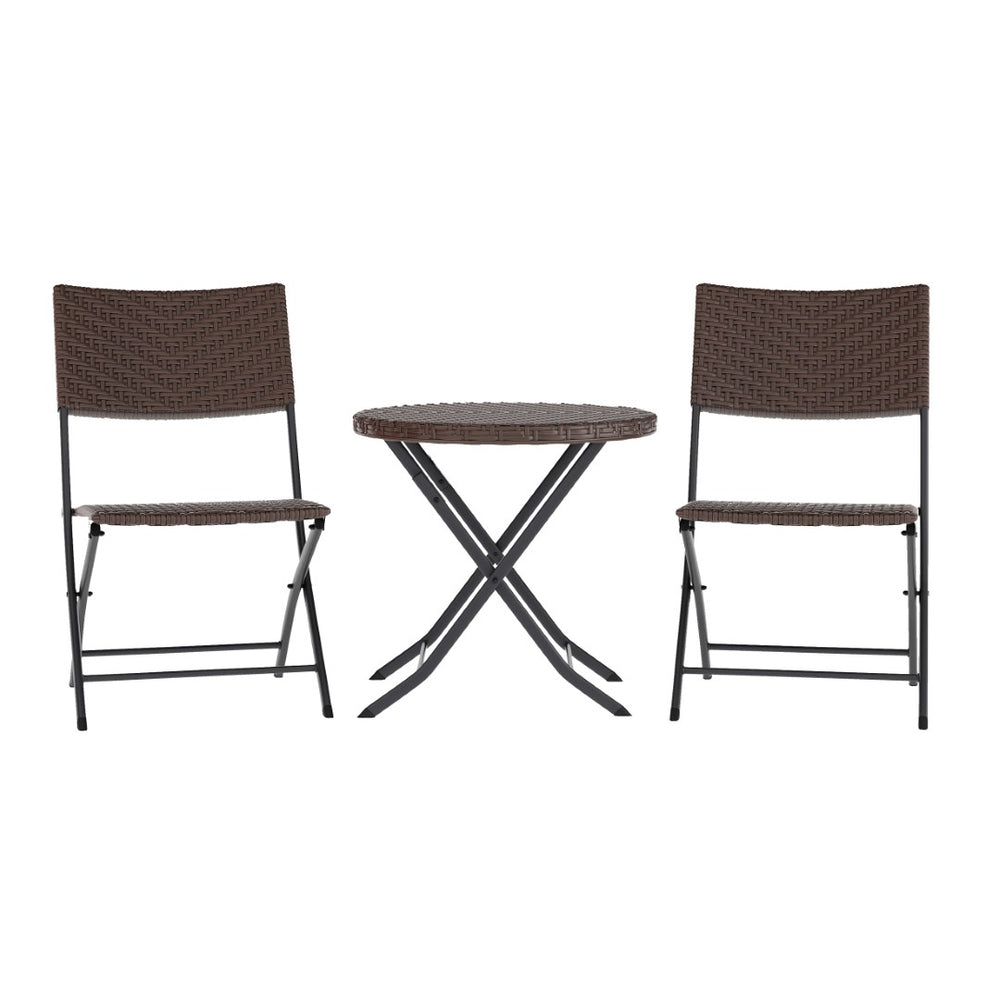 English Elm Rouen Three-Piece Foldable Bistro Set - Stylish Indoor/Outdoor PE Rattan with Durable Steel Frames Brown FV-FWA085-BRN-BLK-GG