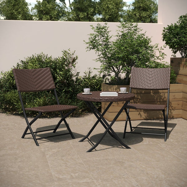 English Elm Rouen Three-Piece Foldable Bistro Set - Stylish Indoor/Outdoor PE Rattan with Durable Steel Frames Brown FV-FWA085-BRN-BLK-GG