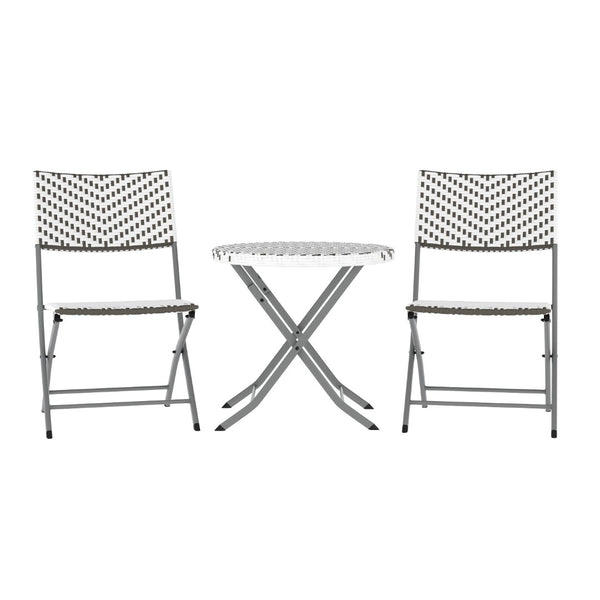 English Elm Rouen Three-Piece Foldable Bistro Set - Stylish Indoor/Outdoor PE Rattan with Durable Steel Frames Gray & White FV-FWA085-GRYWHT-GRY-GG