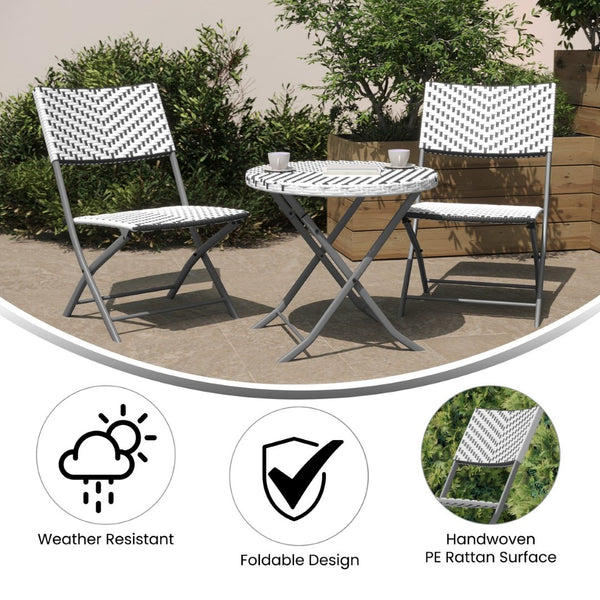 English Elm Rouen Three-Piece Foldable Bistro Set - Stylish Indoor/Outdoor PE Rattan with Durable Steel Frames Gray & White FV-FWA085-GRYWHT-GRY-GG