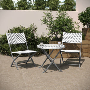 English Elm Rouen Three-Piece Foldable Bistro Set - Stylish Indoor/Outdoor PE Rattan with Durable Steel Frames Gray & White FV-FWA085-GRYWHT-GRY-GG