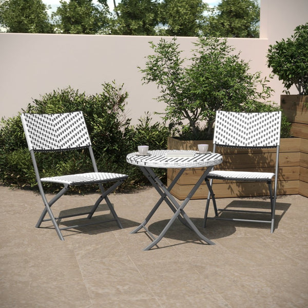 English Elm Rouen Three-Piece Foldable Bistro Set - Stylish Indoor/Outdoor PE Rattan with Durable Steel Frames Gray & White FV-FWA085-GRYWHT-GRY-GG