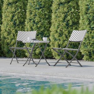 English Elm Rouen Three-Piece Foldable Bistro Set - Stylish Indoor/Outdoor PE Rattan with Durable Steel Frames Gray & White FV-FWA085-GRYWHT-GRY-GG