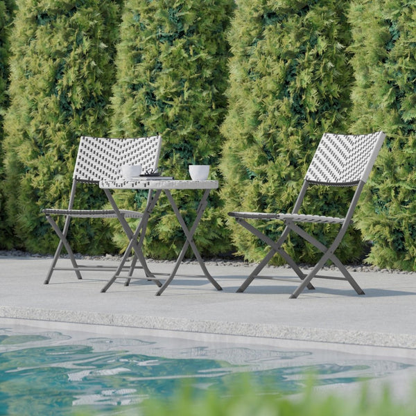 English Elm Rouen Three-Piece Foldable Bistro Set - Stylish Indoor/Outdoor PE Rattan with Durable Steel Frames Gray & White FV-FWA085-GRYWHT-GRY-GG