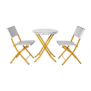 English Elm Rouen Three-Piece Foldable Bistro Set - Stylish Indoor/Outdoor PE Rattan with Durable Steel Frames Navy & White FV-FWA085-NVY-WHT-GG