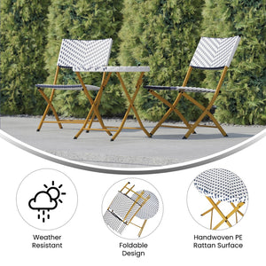 English Elm Rouen Three-Piece Foldable Bistro Set - Stylish Indoor/Outdoor PE Rattan with Durable Steel Frames Navy & White FV-FWA085-NVY-WHT-GG