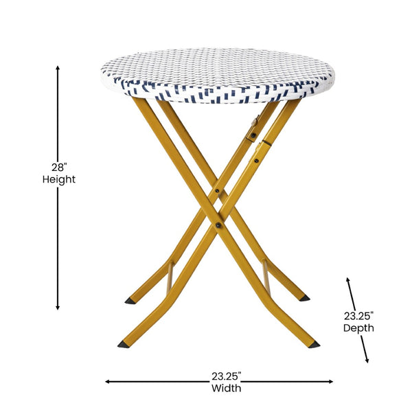 English Elm Rouen Three-Piece Foldable Bistro Set - Stylish Indoor/Outdoor PE Rattan with Durable Steel Frames Navy & White FV-FWA085-NVY-WHT-GG