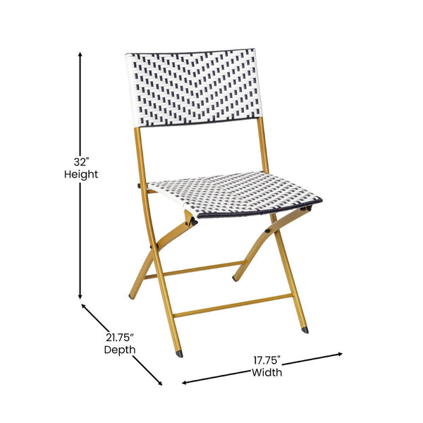 English Elm Rouen Three-Piece Foldable Bistro Set - Stylish Indoor/Outdoor PE Rattan with Durable Steel Frames Navy & White FV-FWA085-NVY-WHT-GG
