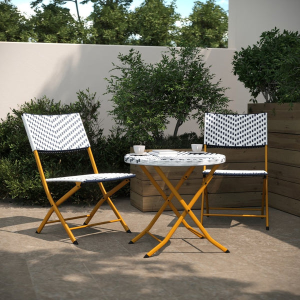 English Elm Rouen Three-Piece Foldable Bistro Set - Stylish Indoor/Outdoor PE Rattan with Durable Steel Frames Navy & White FV-FWA085-NVY-WHT-GG
