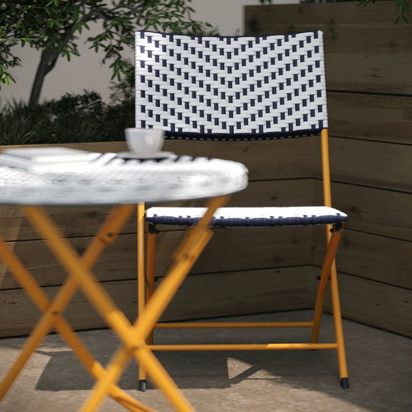 English Elm Rouen Three-Piece Foldable Bistro Set - Stylish Indoor/Outdoor PE Rattan with Durable Steel Frames Navy & White FV-FWA085-NVY-WHT-GG