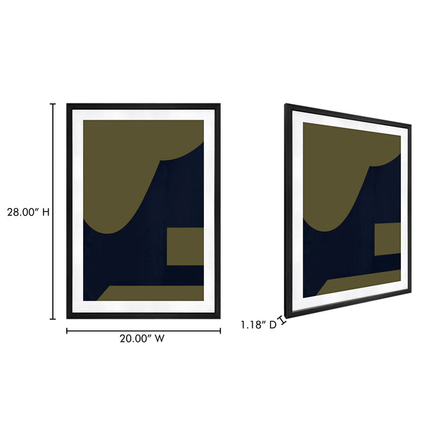 Moe's Home Sola Abstract Print In Vintage Olive And Navy Tones, Tempered Glass With Solid Pine Black Frame Multicolor Paper,Mdf Back Panel Fx-1267-37