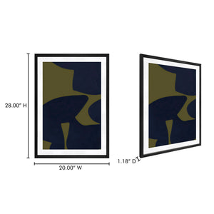 Moe's Home Sola Abstract Print In Vintage Olive And Navy Tones, Tempered Glass With Solid Pine Black Frame Multicolor Paper,Mdf Back Panel Fx-1268-37