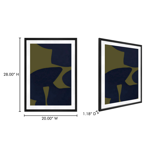 Moe's Home Sola Abstract Print In Vintage Olive And Navy Tones, Tempered Glass With Solid Pine Black Frame Multicolor Paper,Mdf Back Panel Fx-1268-37