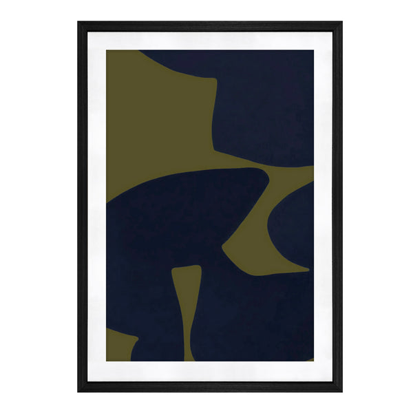 Moe's Home Sola Abstract Print In Vintage Olive And Navy Tones, Tempered Glass With Solid Pine Black Frame Multicolor Paper,Mdf Back Panel Fx-1268-37